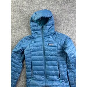 Patagonia Down Sweater Puffer Jacket  Women XS Blue Hooded 800-Fill Full Zip